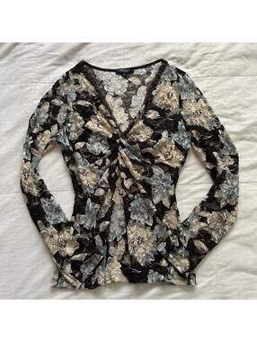 Karen Kane Black Floral Mesh Twist Front Top Romantic Whimsigoth XL